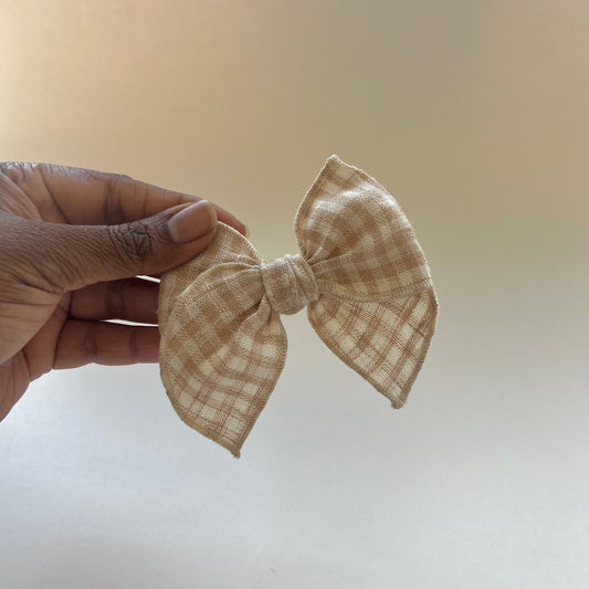 beige gingham long tailed bow