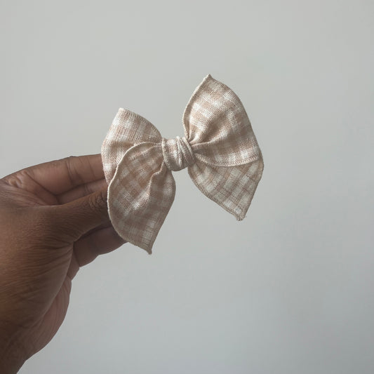 beige gingham long tailed bow